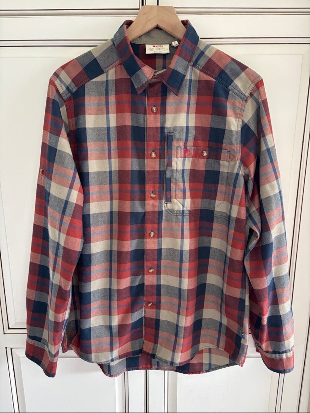 Fjallraven Fjallglim Flannel Shirt Blue Khaki Plaid Button Outdoor L/S Mens M